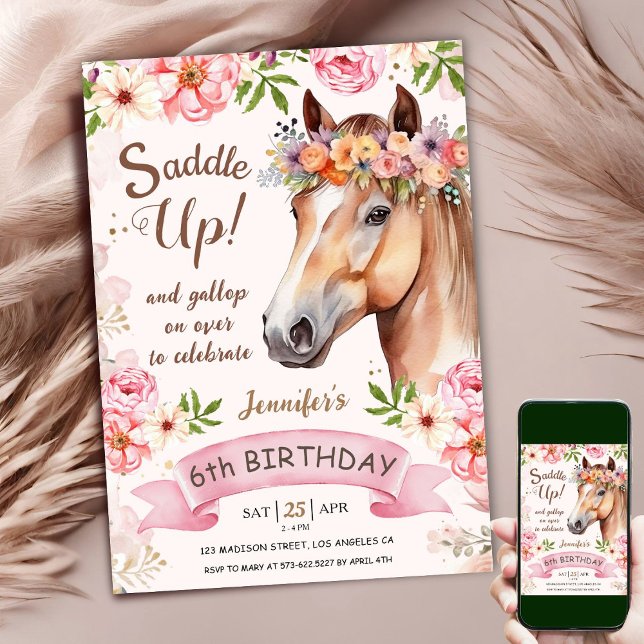 Horse 6th Birthday Pink Rose Flowers Saddle Up Invitation (Creator Uploaded)