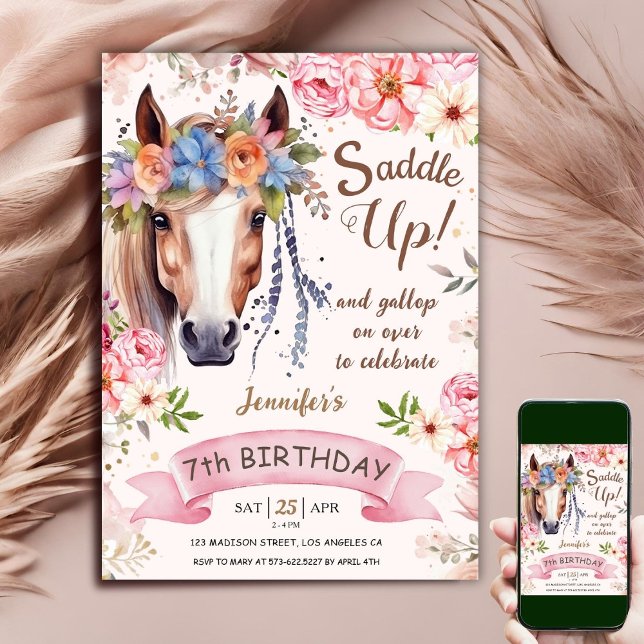 Horse 7th Birthday Girl Boho Flowers Saddle Up Invitation (Creator Uploaded)