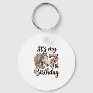 Horse 7th Birthday Girl Floral Vintage Shirt Desig Keychain