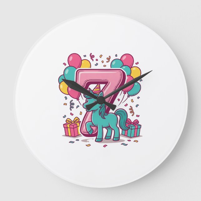 Horse 7th Birthday Party Cute Pony Vector Design_1 Large Clock (Front)