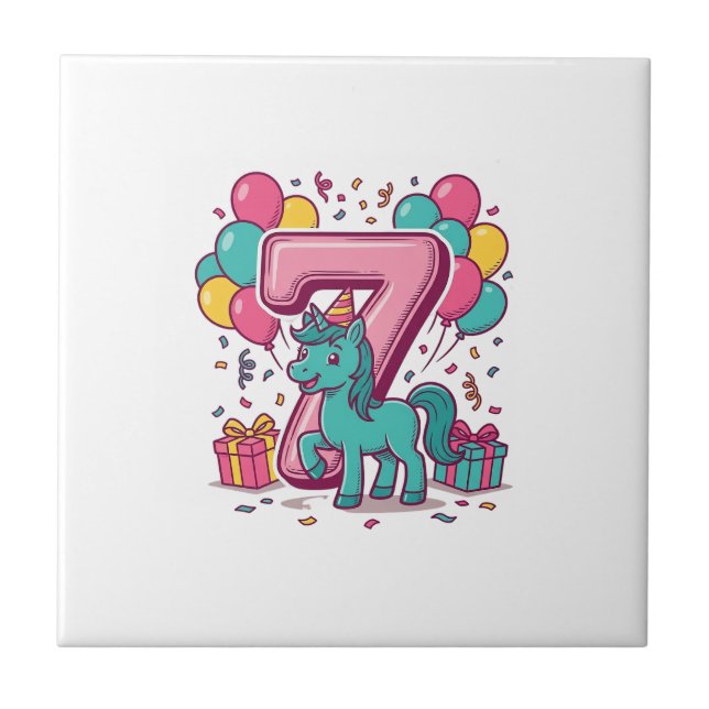 Horse 7th Birthday Party Cute Pony Vector Design_1 Tile (Front)