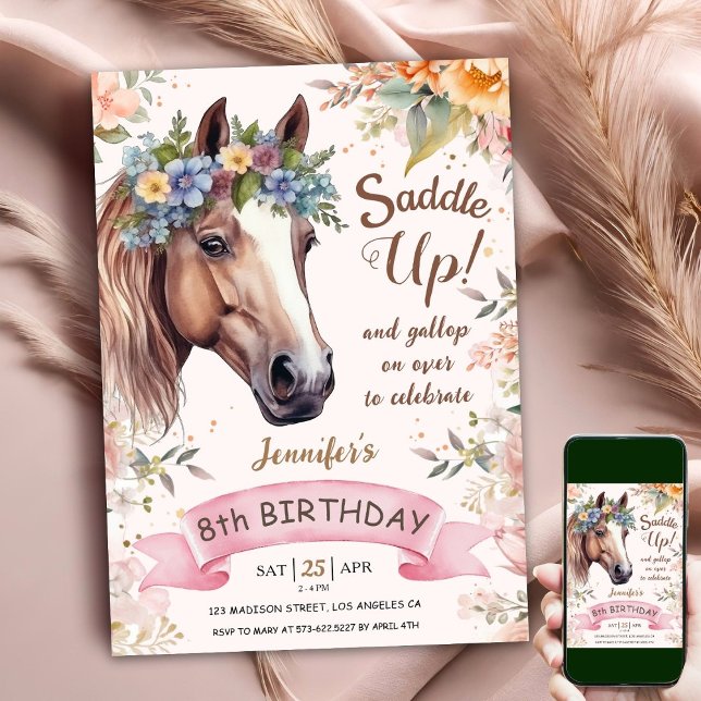 Horse 8th Birthday Floral CowGirl Saddle Up Invitation (Creator Uploaded)