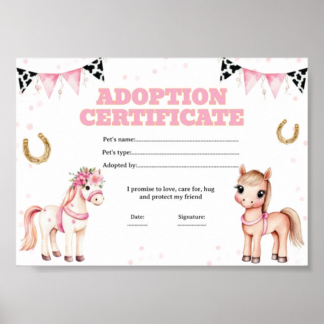 Horse adopt a pet certificate poster (Front)