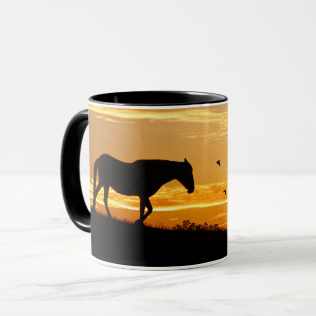 Horse and Birds Silhouetted in Sunrise Mug (Front Left)