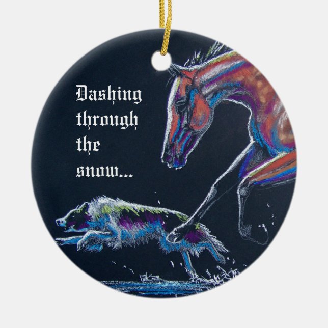 Horse and Border Collie Ceramic Ornament (Front)