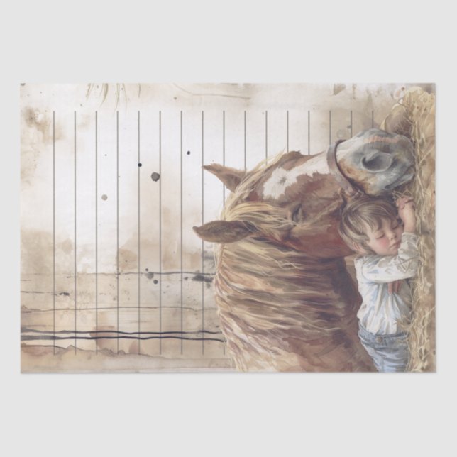 Horse And Boy In Barn Asleep "Best friends" Tissue Paper (Front)
