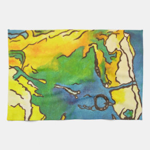 "Horse and Bridle Colourful Black Outline Art"  #h Kitchen Towel