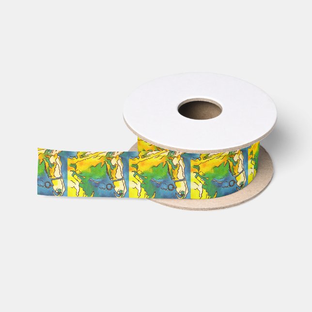 "Horse and Bridle Colourful Black Outline Art"  #h Satin Ribbon (Spool)