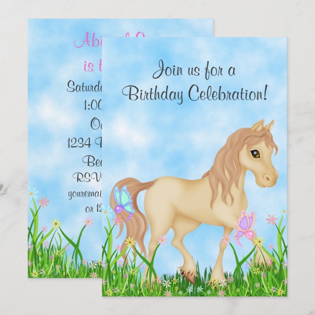 Horse and Butterflies Birthday Invitation (Front/Back)