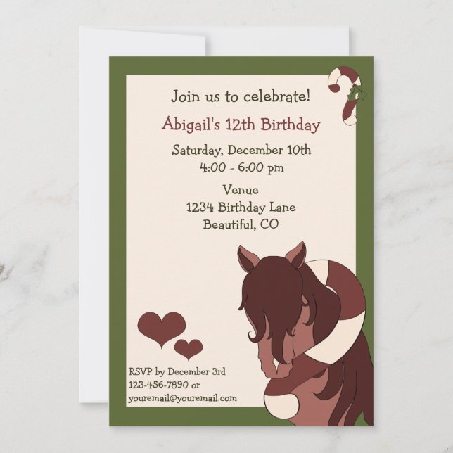 Horse and Candy Cane Holiday Birthday Invitation (Front)