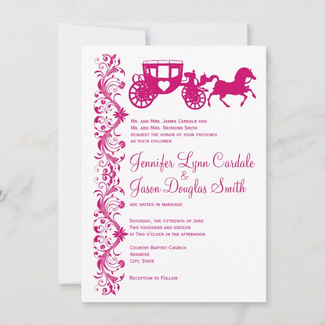 Horse and Carriage Hot Pink Wedding Invitations (Front)