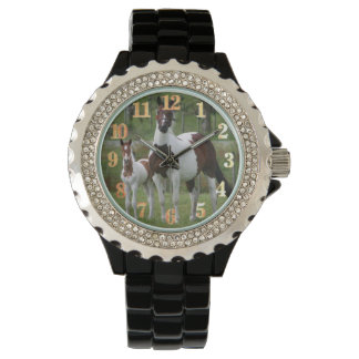 Horse and Colt : Women's Rhinestone Black Enamel W Watch