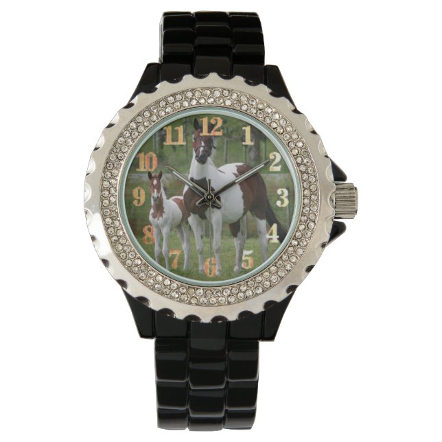 Horse and Colt : Women's Rhinestone Black Enamel W Watch (Front)