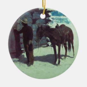 Horse and Cowboy Winter Snow Ceramic Ornament