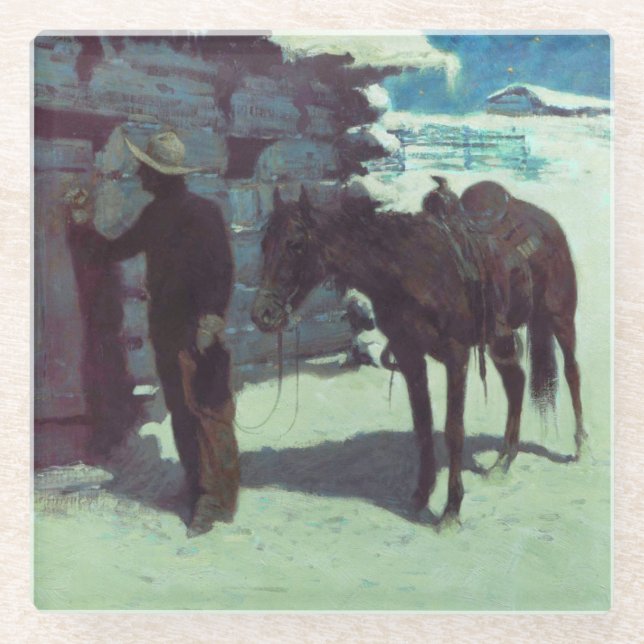 Horse and Cowboy Winter Snow Glass Coaster (Front)