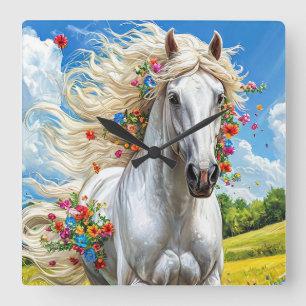 Horse and flowers Romantic Nature Home Decor Square Wall Clock