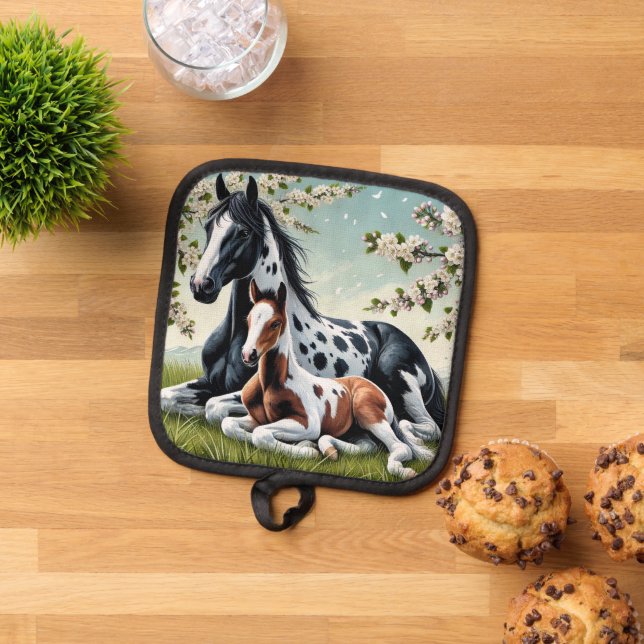 Horse and Foal Resting Amid Blossoming Trees Pot Holder (Top Down)