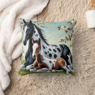Horse and Foal Resting Amid Blossoming Trees Throw Pillow