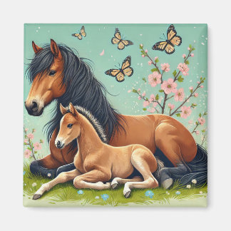 Horse and Foal Resting in a Spring Setting Magnet