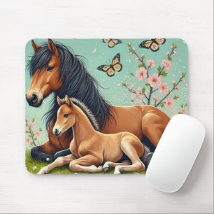 Horse and Foal Resting in a Spring Setting  Mouse Pad