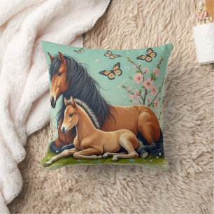 Horse and Foal Resting in a Spring Setting Throw Pillow