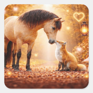 Horse and Fox Fantasy Woodland Cute Square Sticker