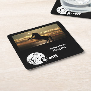 Horse and Golf Club Monogram Photo Name Square Paper Coaster