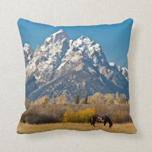Horse and Grand Tetons, Moose Head Ranch Throw Pillow