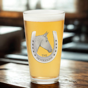 Horse and Horseshoe Silver Tone Personalized Pint Glass