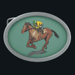 Horse and Jockey Belt Buckle<br><div class="desc">Sporty gifts and accessories for Horse Racing fans. Horse and jockey racing in yellow jersey and green cap riding horse number 7. Green background.</div>