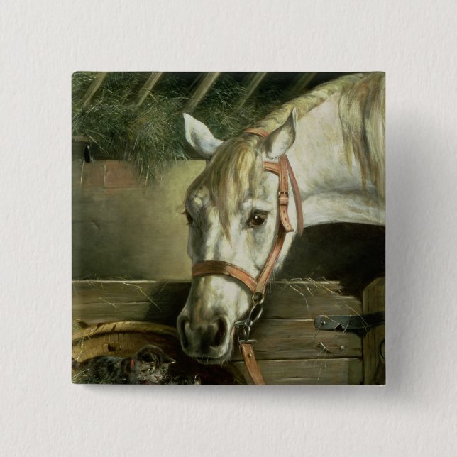 Horse and kittens, 1890 2 inch square button (Front)