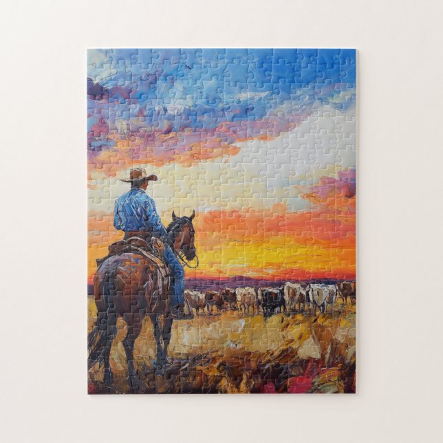 Horse and Rider Checking the Herd at Sunset Jigsaw Puzzle (Vertical)