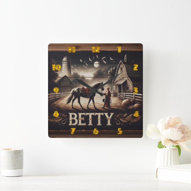 Horse and Rider Near Barn at Dusk Square Wall Clock (Home)