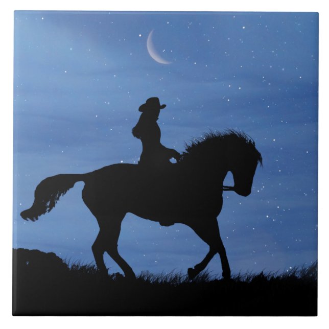 Horse and Rider Starry Night with Crescent Moon Tile (Front)