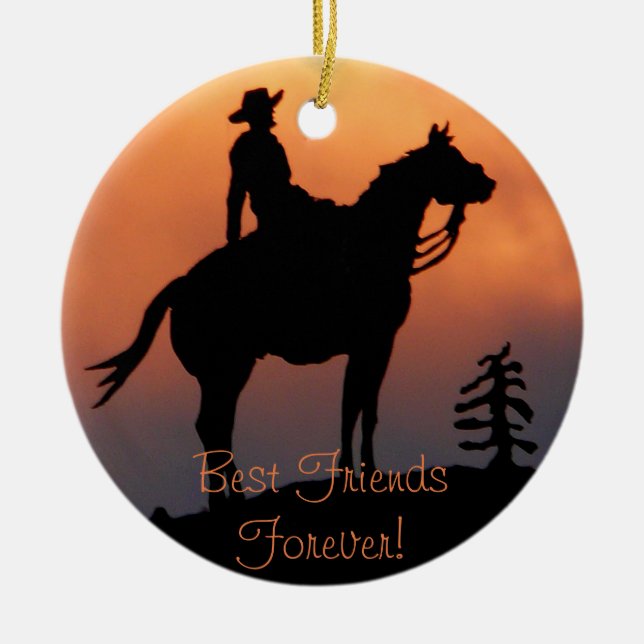 Horse and Rider Sunset Silhouette Ceramic Ornament (Front)