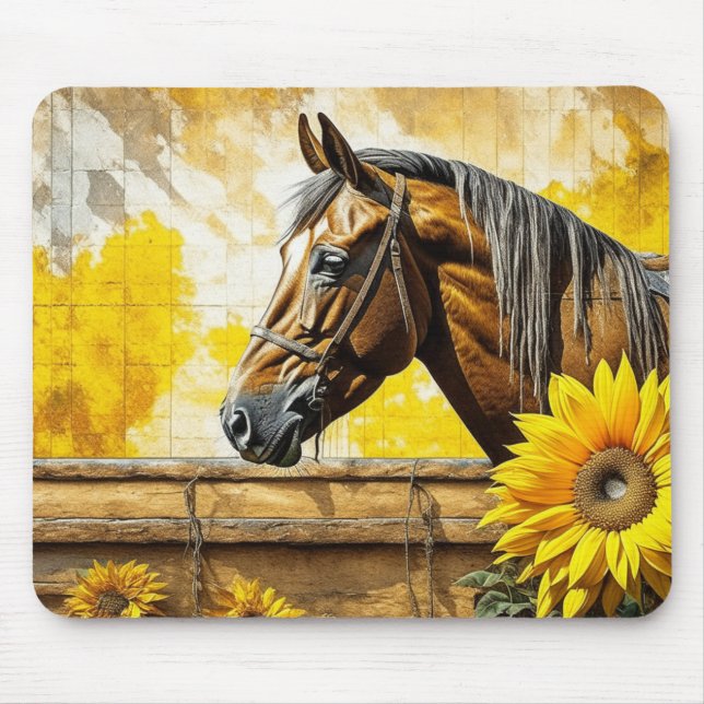 Horse and Sunflower Beautiful AI Art Mouse Pad (Front)