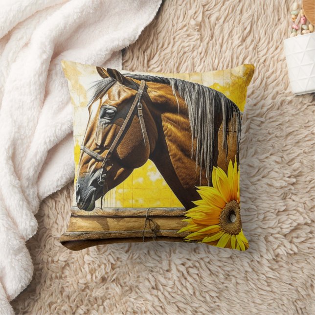 Horse and Sunflower Beautiful AI Art  Throw Pillow (Blanket)