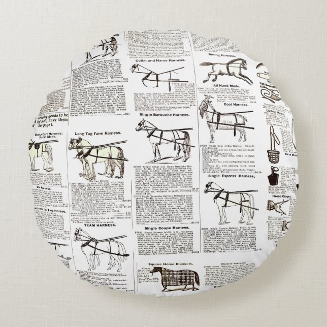 Horse Antique Advertising Newspaper Art Round Pillow (Front)