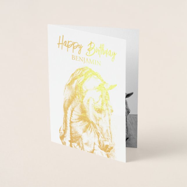Horse art drawing Happy Birthday for him Foil Card (Front)