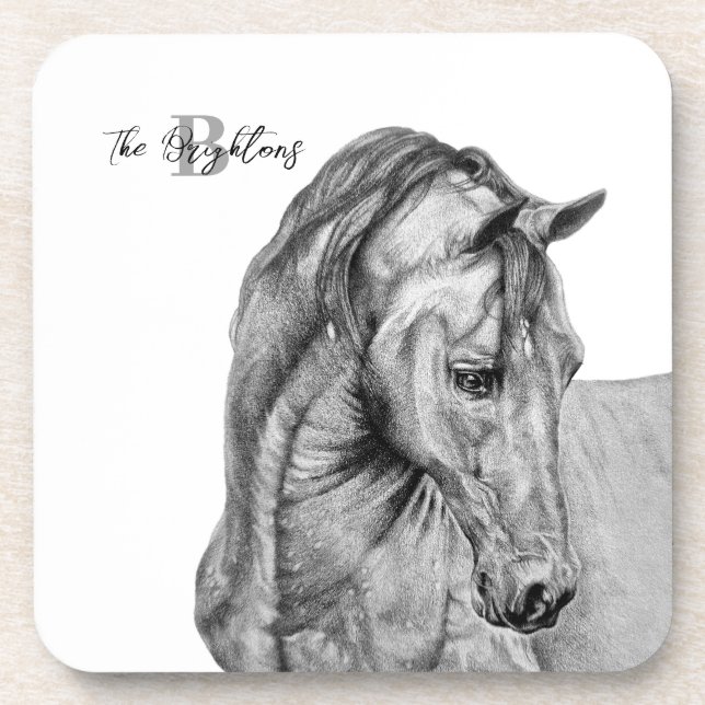 Horse art graphic pencil drawing black and white coaster (Front)