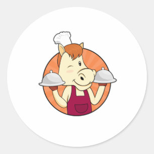 Horse as Cook with Serving platters Classic Round Sticker