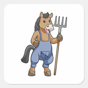Horse as Farmer with Rake Square Sticker