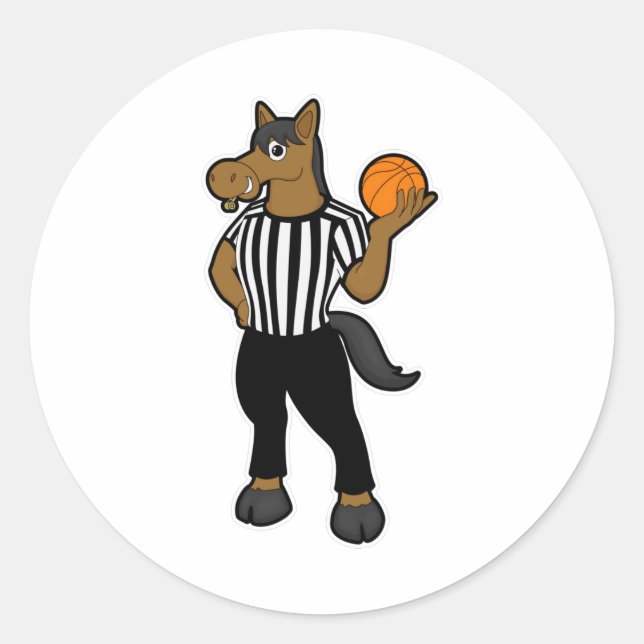 Horse as Referee with Basketball & Whistle Classic Round Sticker (Front)