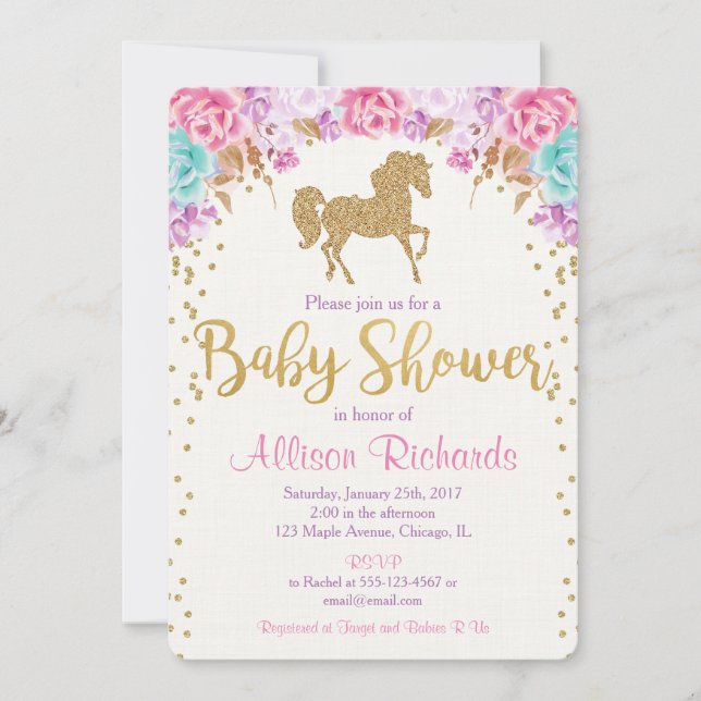Horse baby shower invitation pink and gold (Front)