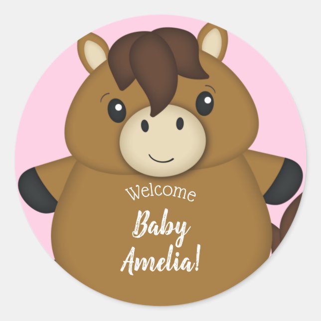Horse Baby Shower Pink Girl Classic Round Sticker (Front)