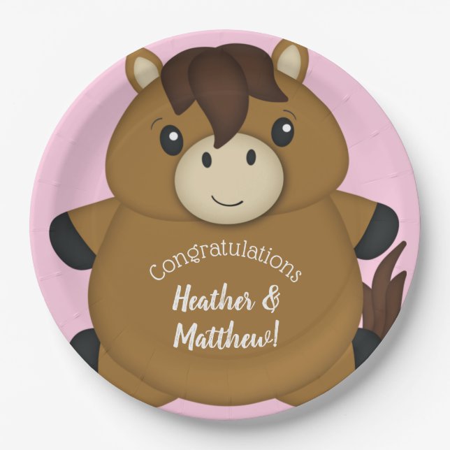 Horse Baby Shower Pink Girl Paper Plate (Front)