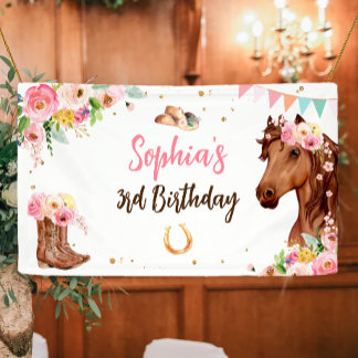 Horse Birthday Girl Cowgirl Pink Floral Party Banner