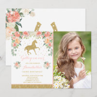 Horse Birthday Invitation Floral Pink Gold Horse