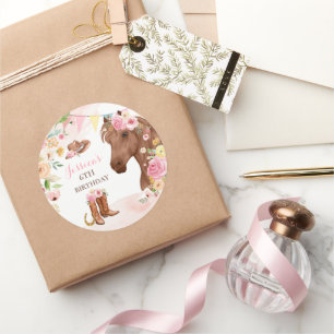 Horse Birthday Party Cowgirl Pink Floral Birthday Classic Round Sticker