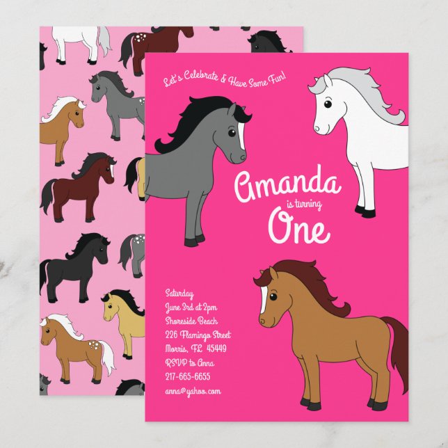Horse Birthday Party Girl's Pink Invitation (Front/Back)